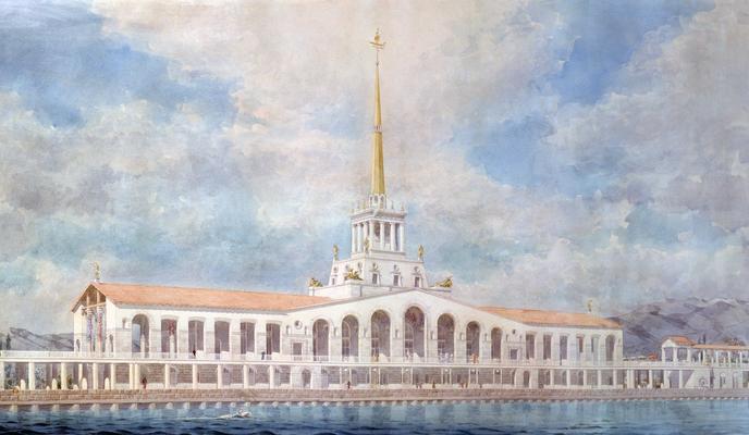 Bitrix 133658: 16._K.S._Alabyan_L.B._Karlik._Proekt_morskogo_vokzala_v_Sochi_1950._Perspektiva.jpg