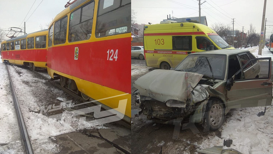 В Краснодаре 22-летняя автоледи за рулем «ВАЗа» устроила ДТП с трамваем