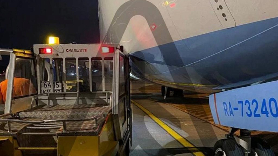 В аэропорту Сочи тягач с багажными телегами протаранил самолет во время посадки