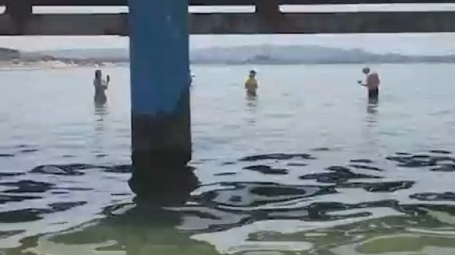 Туристы в Анапе купаются несмотря на пятна мазута в море