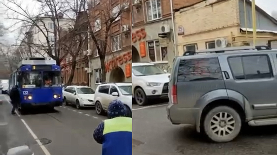 В центре Краснодара троллейбус застрял на полчаса из-за перегородившей проезд иномарки