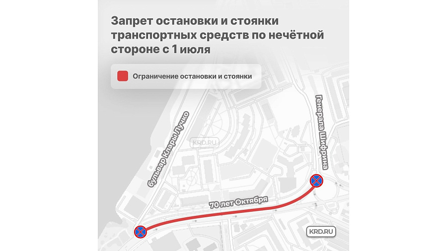 В Краснодаре водители больше не смогут оставлять свой транспорт на участке улицы 70-летия Октября